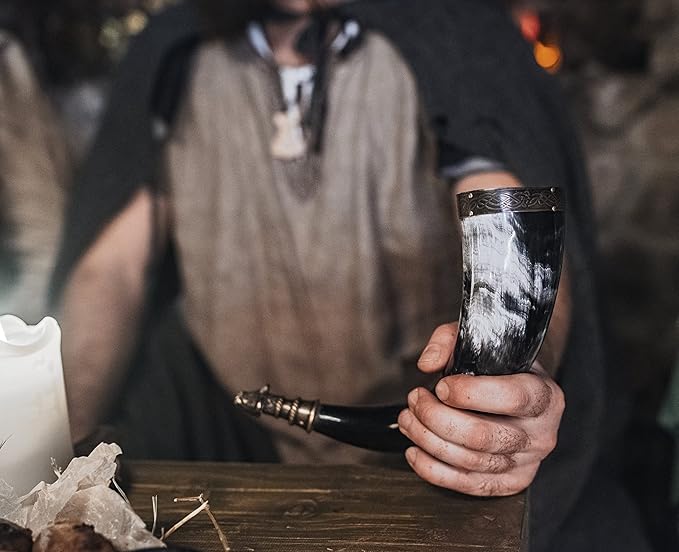 Norse Tradesman Genuine 12" Ox-Horn Viking Drinking Horn with Antique Brass Rim & Wolf Tip, Brown Leather Belt Holster, Fitted Stand & Burlap Gift Sack - The Fenrir, 12-Inches, High Polish