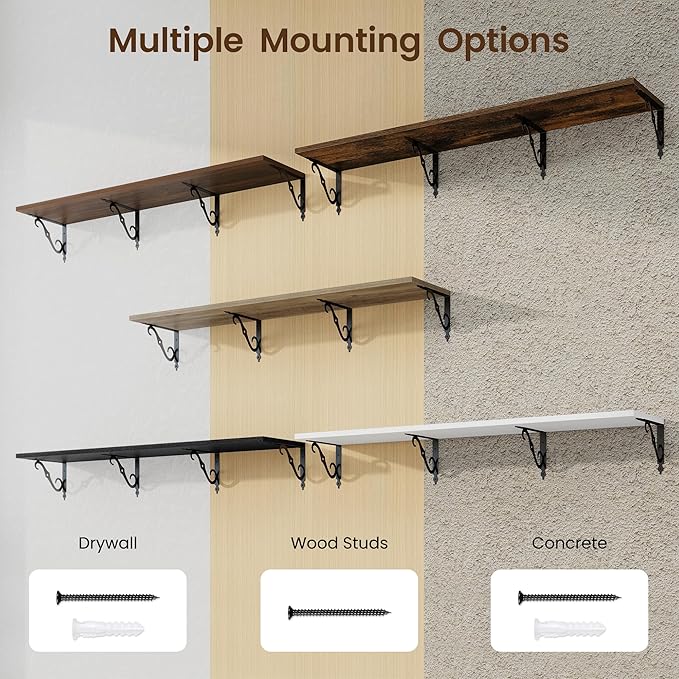 RICHFOCUS 12 Inch Deep Floating Shelves for Wall, 55" W x 12" D Wood Wall Shelves Set of 2, Wide Floating Shelves for Living Room, Bedroom, Kitchen, Bathroom and Decor Storage, White