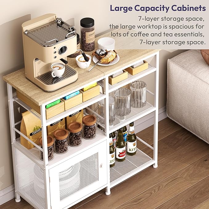 SWTYMIKI Coffee Bar Cabinet Station - Farmhouse Small Coffee Stand Station with Doors, Rustic Storage Organizer for Kitchen, Buffet Sideboard Cabinet Table for Home, Office, Corner, Bar, White