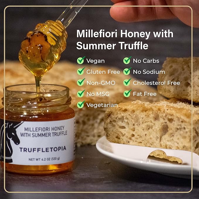 Truffletopia | Millefiori Honey with Summer Truffle | Infused with Real Black Truffles from Italy | Use for Cooking, Baking, Topping, Sauces | 4.2 Oz (2 Pack)
