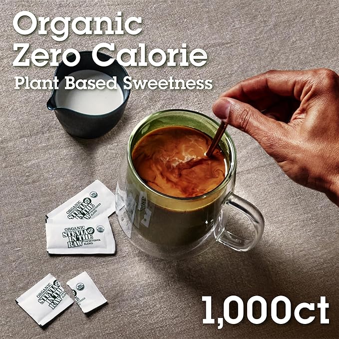In The Raw Organic Stevia Sweetener Packets, 1,000 Ct, Zero Calorie Sugar Substitute Packets, No Erythritol or Artificial Flavors, USDA Organic, Non-GMO Project Verified, Vegan