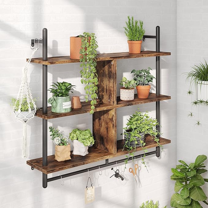 Bestier 41.5" Floating Shelves for Wall 3 Tier Kitchen Shelves Wall Mounted Coffee Bar Shelf Hanging Shelf with 8 Hooks, Industrial Display Pipe Shelving for Kitchen Living Room Bathroom, Rustic Brown