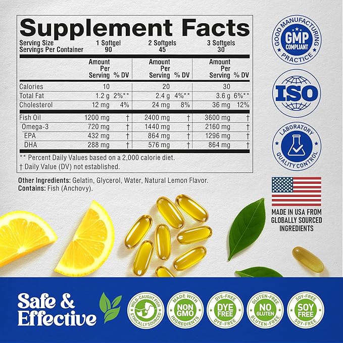 Omega 3 Fish Oil 3600 mg - Omega 3 Supplement | EPA & DHA - Heavy Metals Free - Heart, Brain & Joint Support - Purified Fish Oil for Men & Women - Lemon Flavored - Made in USA, 90 Softgels