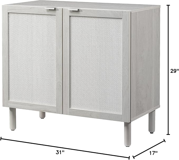 SANGO Orre 2-Door Cabinet, Modern Sand Storage Cabinet with Synthetic Rattan Door Panels, Adjustable Shelf, Cylindrical Wood Legs, Discreet Finger Pulls, Elegant Furniture for Living or Dining Room