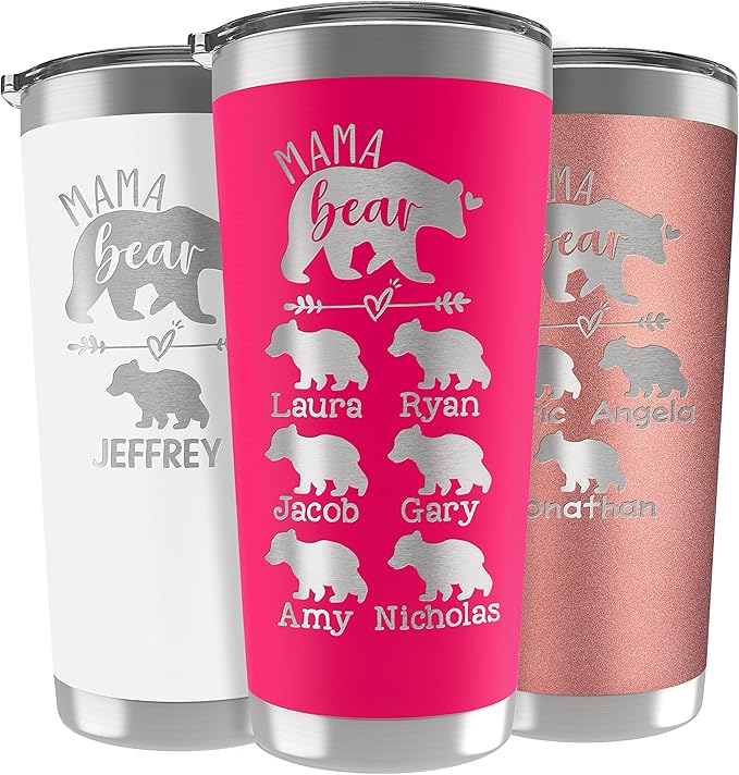 Personalized Mama Bear Tumbler with Engraved Names Up to 6 Cubs, 5 Fonts, 13 Colors, Gifts for Mom from Daughter, Son