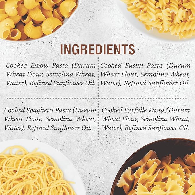 Pasta Zing Microwavable Variety Pasta Pack of 7 | 2x Farfalle | 3x Spaghetti, 1x Fusilli Pasta, 1x Elbow | Microwave Pasta Ready To Eat in 60 Sec - Fully Cooked -100% Durum Wheat 7.05 Ounce