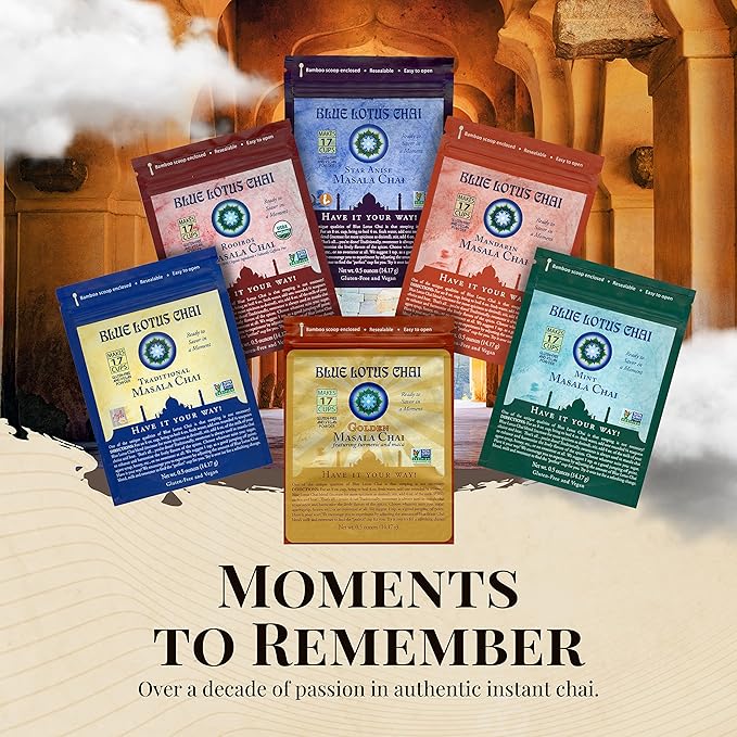 Blue Lotus Chai - Golden Masala Flavor Chai - Makes 17 Cups - 0.5 Ounce Masala Spiced Chai Powder with Organic Spices - Instant Indian Tea No Steeping - No Gluten