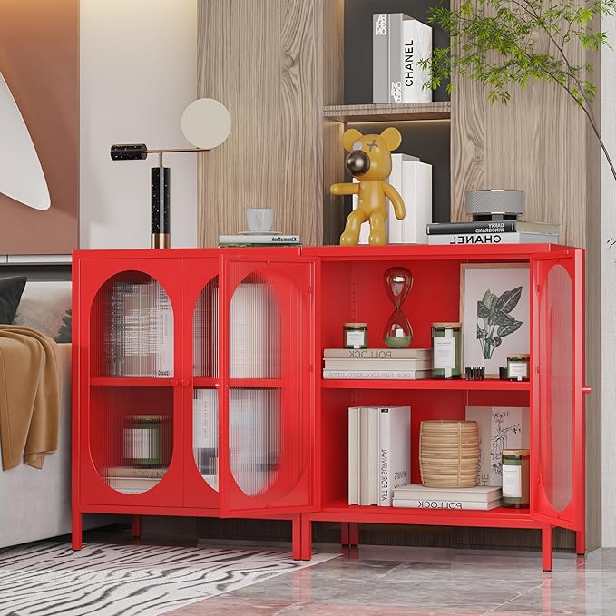 Small 2 Transparent Door Metal Storage Side Buffet Cabinet for Bed Room,Living Room,Entryway,Hallway,Home,Hotel,Office,Garage,Kitchen,1 Removable Shelf. (Transparent Door, Red)