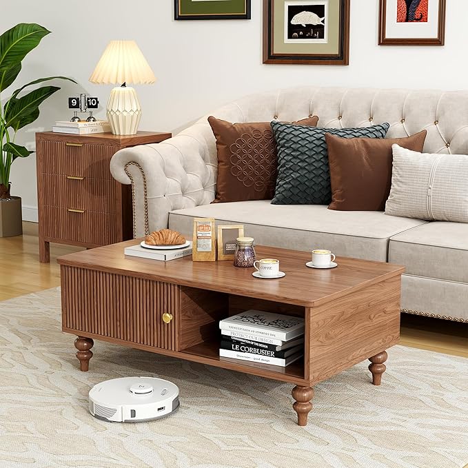Mid-Century Modern Wooden Coffee Table with Storage, Slatted Door, Solid Wood Legs, Retro Coffee Table with Open Shelf for Home & Office & Lounge, Walnut