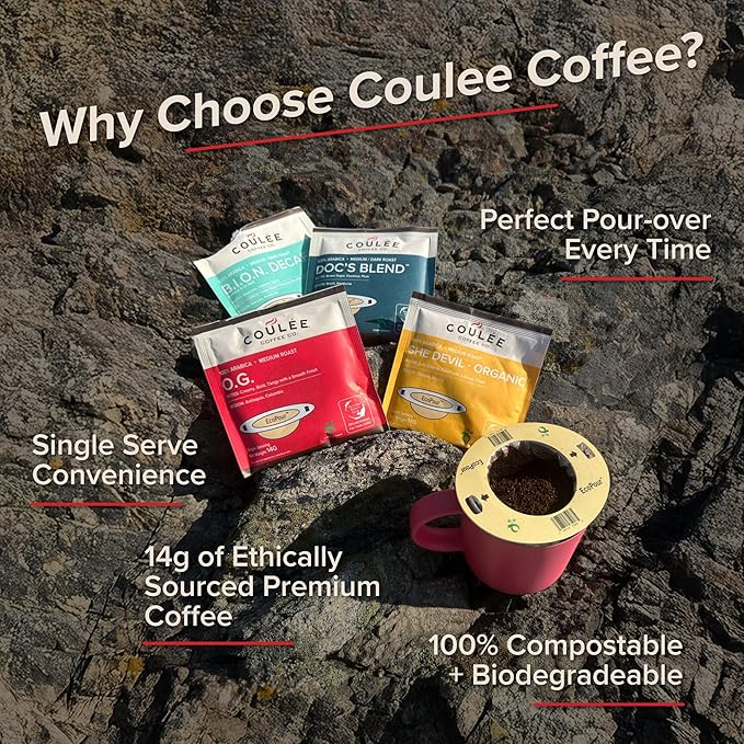 Coulée EcoPour B.I.O.N. Coffee, All Paper Single Serve Pour Over Decaffeinated Coffee, for Camping or Traveling, Pre Filled Compostable Filters, Ready to Brew with Hot Water, Plastic Free, 10 Pack