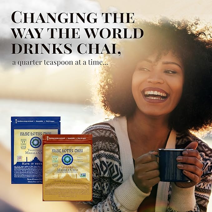 Blue Lotus Chai - Rooibos Masala Chai - Makes 17 Cups - 0.5 oz Pouch Masala Spiced Chai Powder with Organic Spices - Instant Indian Tea No Steeping - No Gluten