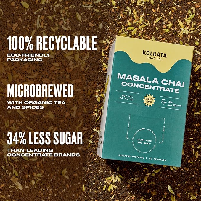 Kolkata Chai - Masala Chai Concentrate for Chai Tea Latte, 64oz Microbrewed Premium Organic Black Tea and Spices, Vegan, Gluten Free, All Natural, Makes 16 servings