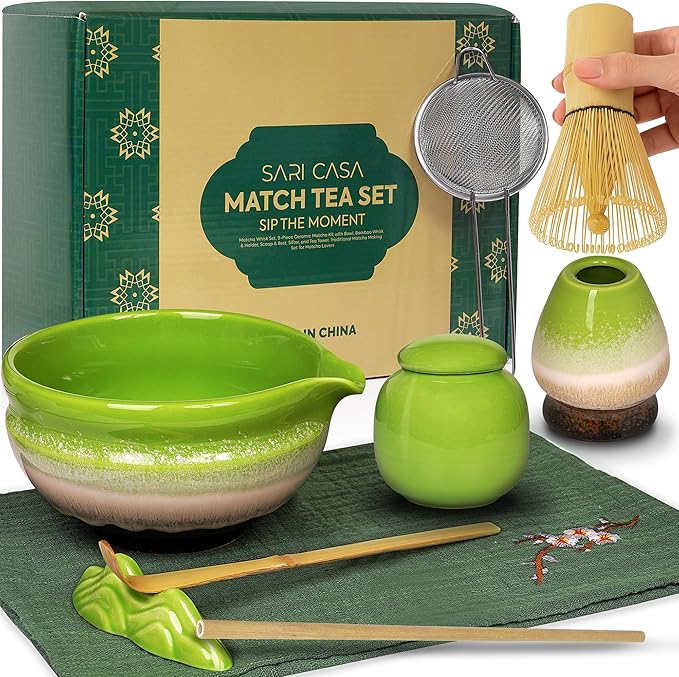 9 Pcs Matcha Whisk Set – Bamboo Matcha Whisk, Bowl, Scoop and Sifter – Complete Matcha Tea Set and Kit for Making Matcha at Home, Cup and Accessories