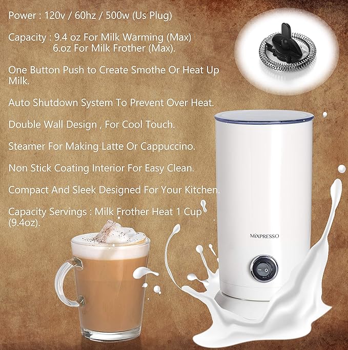 Mixpresso Personal Single-Serve Coffee Maker & 14oz Travel Mug, Drip Small Coffee Maker & Tumbler, Auto Shut Off & Reusable Filter, Compatible with Coffee Grounds Bundle With Electric Milk Frother - L