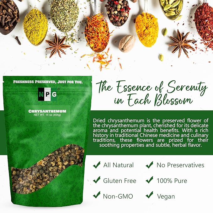 NPG Chrysanthemum Bud Tea 16 Oz, Premium Dried Chinese Tai Ju Flowers, Juhua Herbal Tea, Caffeine-Free, Non-GMO Loose Leaf with Floral Fragrance, Sweet and Refreshing Flavor for Relaxation