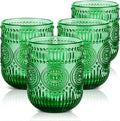 Joeyan Vintage Green Drinking Glasses Set of 4,9 oz Embossed Sunflower Small Water Glass Tumbler Cups,Colored Romantic Beaded Glassware for Beverages Cocktail Juice Wine,Dishwasher Safe