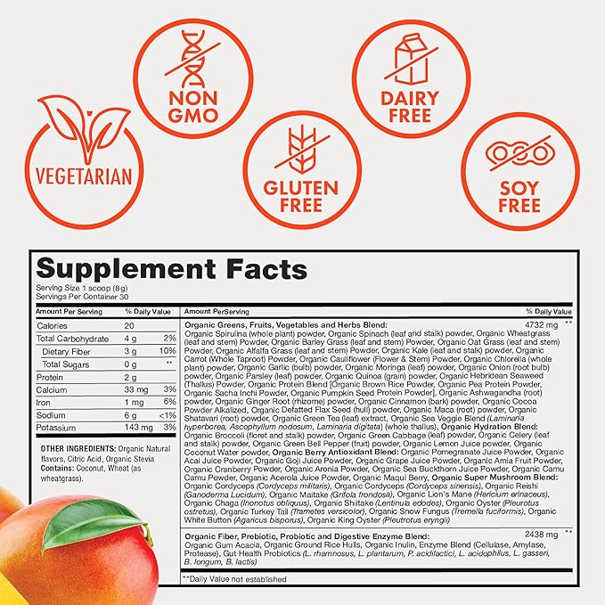 Zena Nutrition Organic Super Greens Powder, 70+ Superfoods, 0 Sugar, 3G Fiber, Spirulina, Chlorella, Mushrooms, Prebiotics/Probiotics, Digestive Enzymes for Gut Health, Mango, 30 Servings