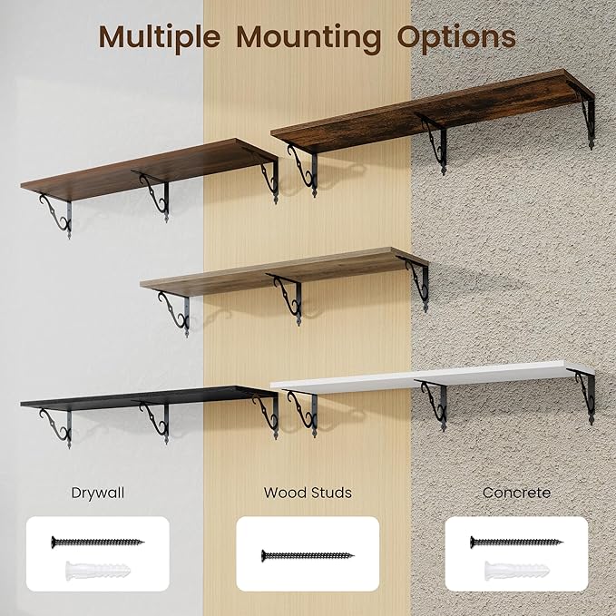 RICHFOCUS 12 Inch Deep Floating Shelves for Wall, 48" W x 12" D Black Wood Wall Shelves Set of 2, Wide Floating Shelves for Living Room, Bedroom, Kitchen, Bathroom and Decor Storage, Black