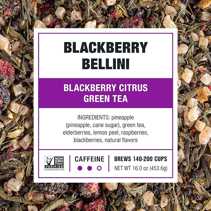 Tiesta Tea - Blackberry Bellini, Premium Loose Leaf Blend, Blackberry Citrus Green Tea, Medium Caffeinated, Refreshing Flavor, Hot or Iced, Up to 200 Cups, 16oz Resealable Bulk Pouch