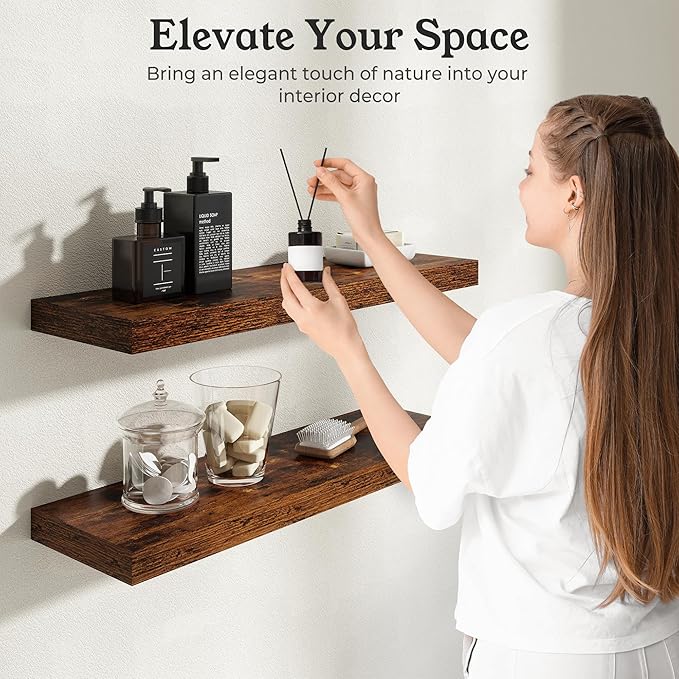 Floating Shelves for Wall, 9.3" Deep Wall Mounted Wood Shelves for Bathroom, Bedroom, Living Room, Kitchen, Hanging Shelf for Books/Storage/Room Decor (Brown, 48")