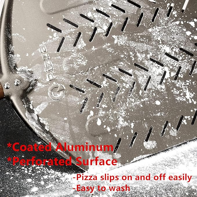 Q Pizza Perforated Aluminium 12x14in Round Pizza Peel, Gold, Aluminum, Non-Stick, Easy to Clean, Suitable for All Occasions