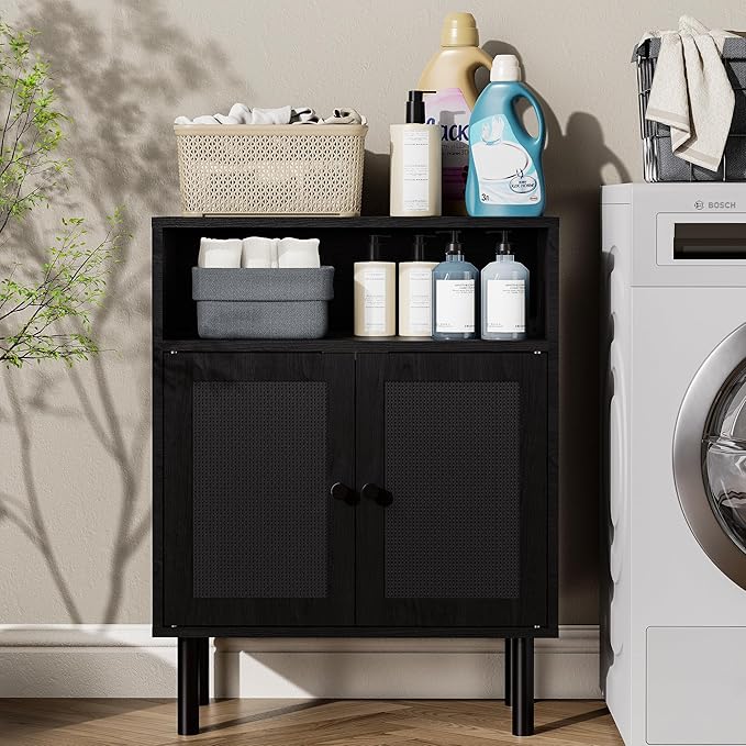 Rattan Storage Cabinet, Boho Accent Cabinet with Double Doors, Small Freestanding Sideboard for Hallway, Laundry Room,Kitchen, Dining Room, Entryway(Black)