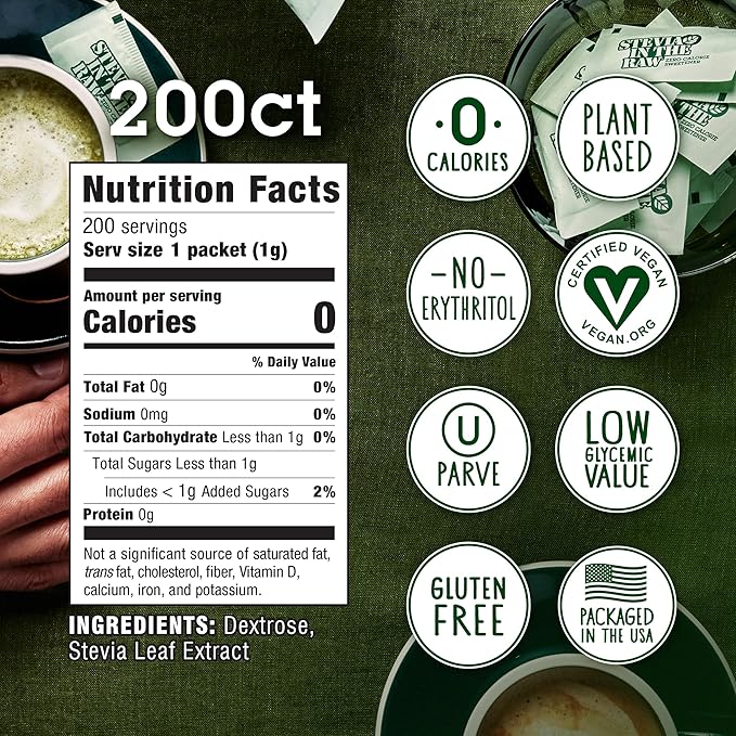 Stevia In The Raw, Plant Based Zero Calorie, No Erythritol, Sugar Substitute, Sugar-Free Sweetener for Coffee, Hot & Cold Drinks, Suitable For Diabetics, Vegan, Gluten-Free, 200 Count Packets (1 Pack)