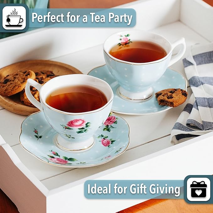 BTaT- Floral Tea Cups and Saucers, Set of 2, 8oz, with Gold Trim, Coffee Cups, Floral Tea Cup Set, British Tea Cups, Porcelain Tea Set, Tea Sets for Women