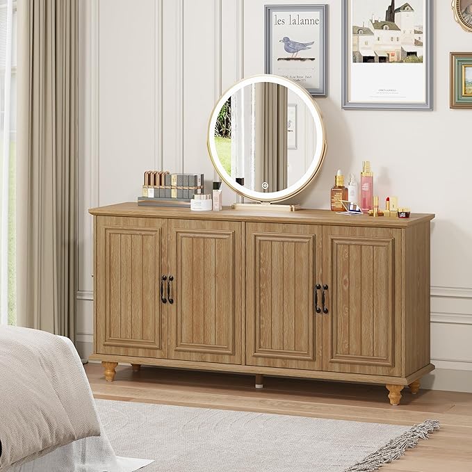 59" Sideboard Buffet Cabinet with Storage, Large Retro Credenza with 4 Doors & Adjustable Shelves Wood Rectangular Coffee Bar Table Console for Kitchen, Living Room, Hallway, Entry (Natural)
