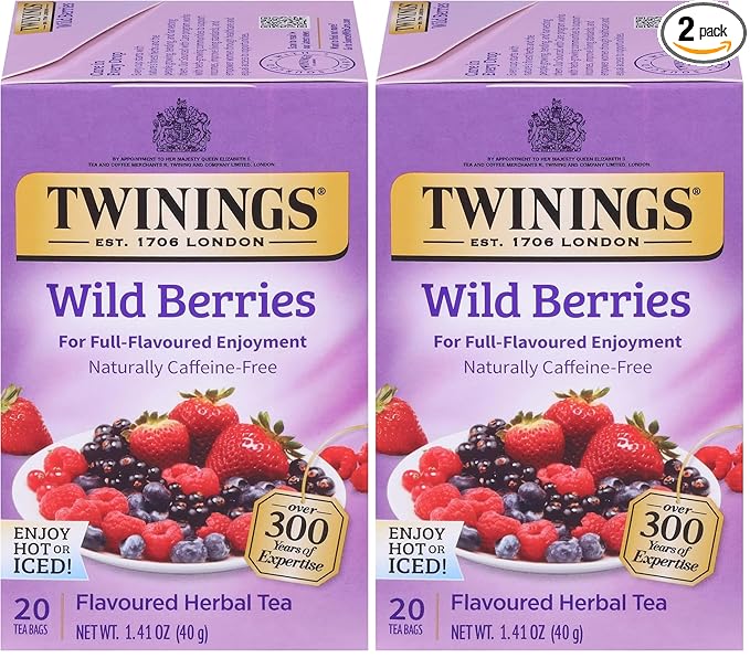 Twinings Wild Berries Herbal Tea Individually Wrapped Bags, 20 Count (Pack of 2), Full-Flavoured, Naturally Caffeine-Free, Enjoy Hot or Iced, 20 Teabags