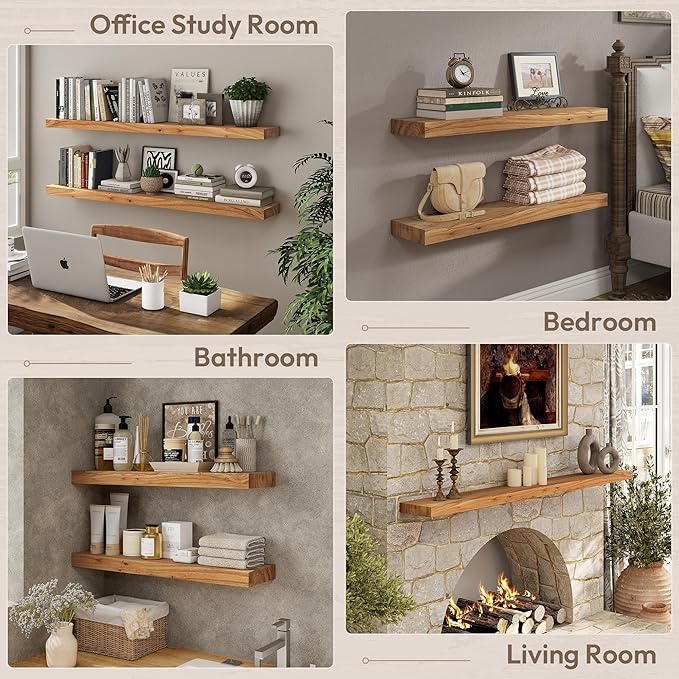 Marsmiles 40 inch Floating Shelves for Wall Solid Elm Wood Wall Mounted Shelves|Rustic Long Floating Shelves with Invisible Bracket for Bathroom Living Room Kitchen|Natural, 1 Pack