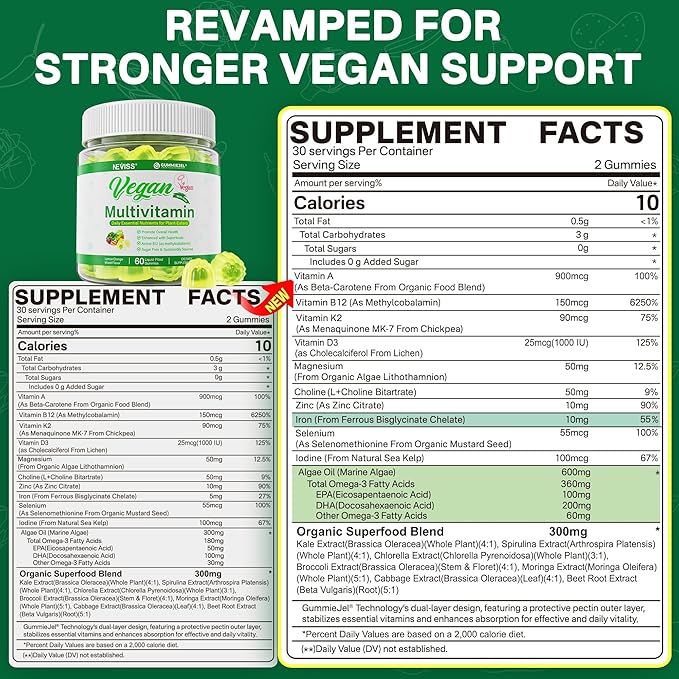 NEVISS (2 Pack) Vegan Multivitamin for Women & Men with Methyl B12, D3 K2, Plant Based Omega 3, Iron, Choline, Zinc, Whole Food Daily Vitamins Gummies for Vegans & Vegetarians, Sugar Free