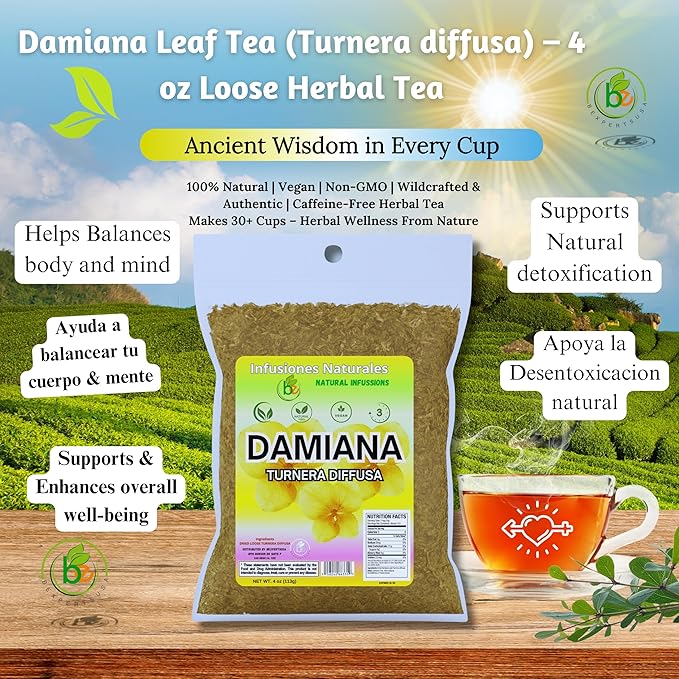 Damiana Leaf Te – 4 oz (113g) Loose Herbal Tea + Stainless Steel Tea Infuser – 100% Natural Turnera diffusa – Authentic Mexican Origin – Caffeine-Free, Non-GMO, Gluten-Free, Vegan By Bexpertsusa