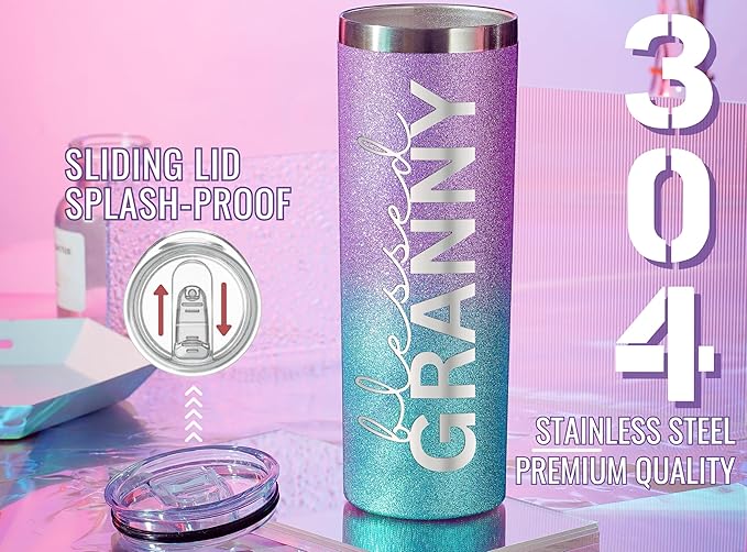 Onebttl Christian Grandma Gifts for Mother's Day, 20oz Purple & Blue Glitter Skinny Tumbler, Straw & Lid Included, Granny Gifts - Blessed Granny