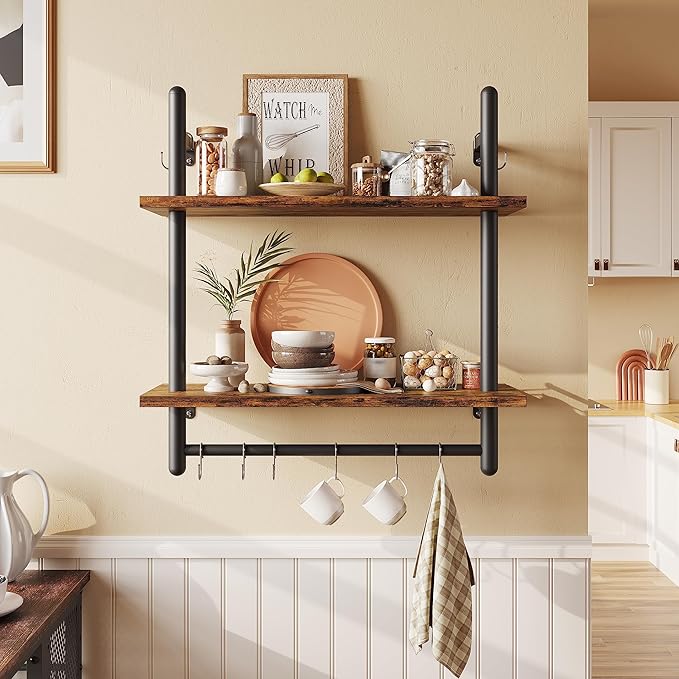 Bestier 24" Floating Kitchen Shelves Wall Mounted 2 Tier Coffee bar Shelves with 8 Hooks, Industrial Wall Shelf for Kitchen, Living Room Bedroom, Rustic Brown