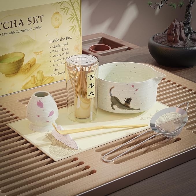 Complete 8-Piece matcha set – Cute Cat Print matcha bowl and whisk, Bamboo Accessories & Premium matcha tools for Home Tea Rituals, Mindful Gift for Tea Lovers