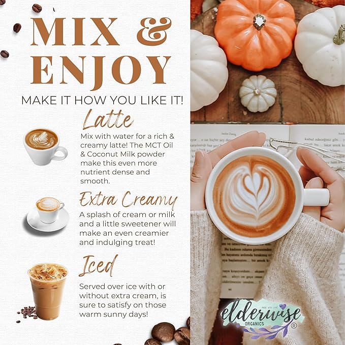 Elderwise Coffee Spiced Latte | Powered by Pumpkin & Mushrooms | Sea Moss, Chaga, Lion's Mane, Reishi | 8 Servings - Freeze Dried Instant - Chemical free - Fair Trade