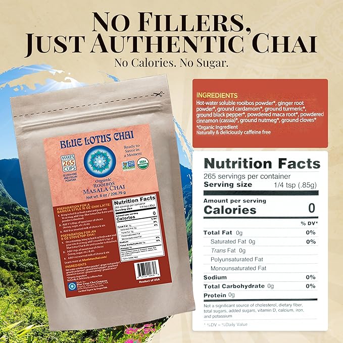 Blue Lotus Chai – Organic Rooibos Masala Chai - Makes 265 Cups – Caffeine-Free, No Steeping, No Gluten - 8 Ounce Masala Chai Powder with Organic Spices – Authentic Indian Tea