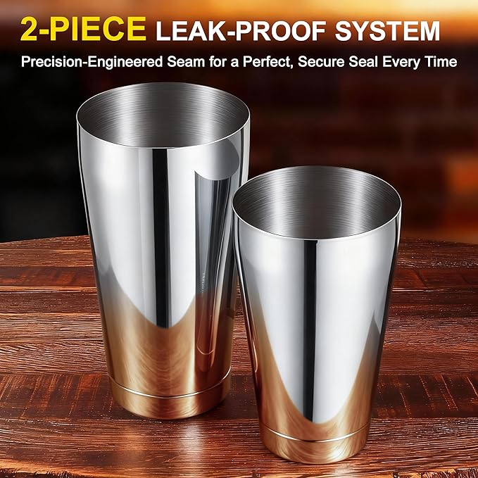 Boston Shaker Set, 18oz & 28oz 2-Piece Tins, Professional 304 Stainless Steel Cocktail Shaker with Leak-Proof Weighted Base for Bartending, Home & Bar Use (Silver)