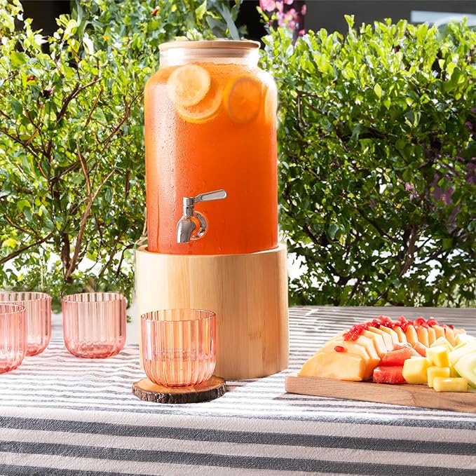Kitchentoolz 1 Gallon Glass Drink Dispenser for Parties on Bamboo Stand - Premium Borosilicate Beverage Jar with Stainless Steel Spigot - Lemonade, Water, Sun Tea, Kombucha for Spa