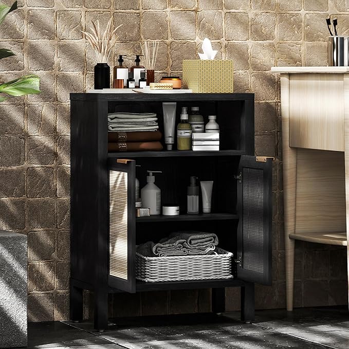 HOMCOM Rattan Sideboard Buffet Cabinet with Storage, Modern Accent Cabinet with 2 Doors and Adjustable Shelf, Freestanding Buffet Table for Entryway Living Room, Distressed Black