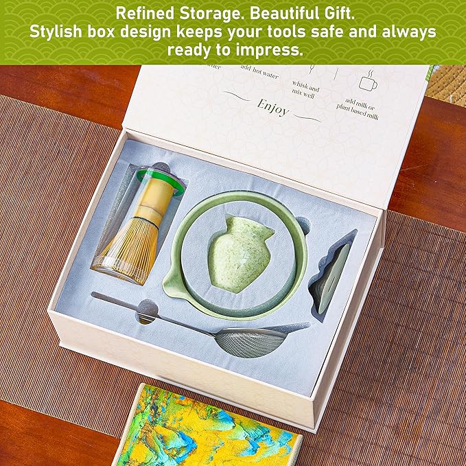 Matcha Whisk Set 8Pcs – BeSoothe Premium Japanese Tea Ceremony Kit, 8 Pcs with Spout Bowl, Bamboo Whisk & Holder, Scoop, Sifter, Tea Towel – Magnetic Gift Box for Matcha Lovers