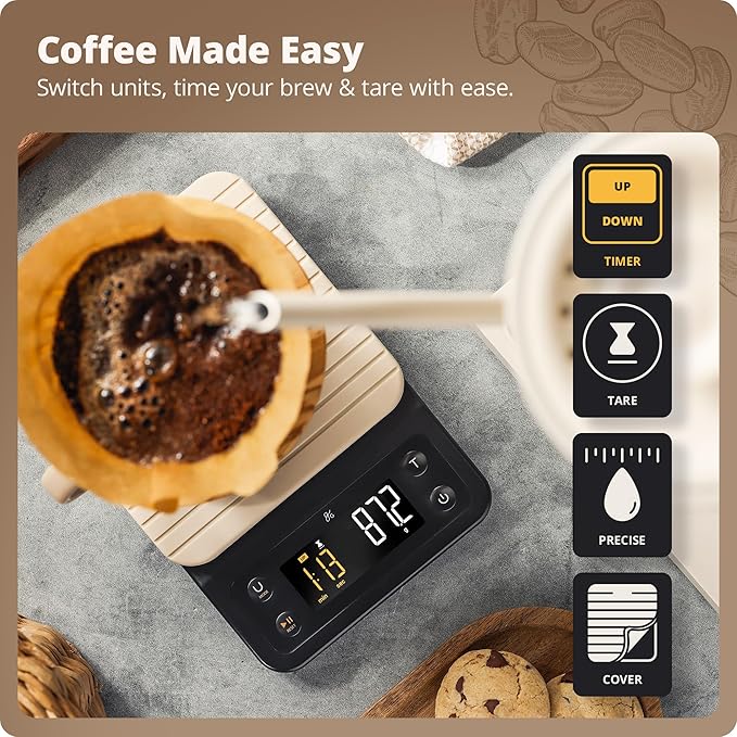 Greater Goods Digital Coffee Scale with Timer – Accurate 0.1g Precision, Multi-Color Display, Waterproof & Heat-Resistant Cover, for Pour-Over, Espresso, French Press, and Kitchen Use (Birch White)