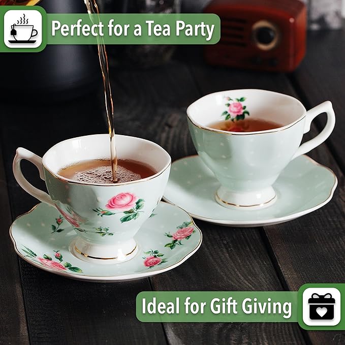 BTaT- Floral Tea Cups and Saucers, Set of 2, 8oz, Coffee Cups with Gold Trim, British Tea Cups