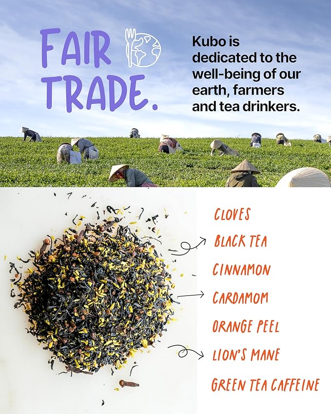 High Caffeine Mushroom Tea (155 mg) – Kubo Tea: Organic Lion’s Mane Chai Black Tea Bags for Clean Energy & Focus | Healthy Coffee Substitute | Mushroom-Infused Blend | 20 Ct | Compostable Packaging