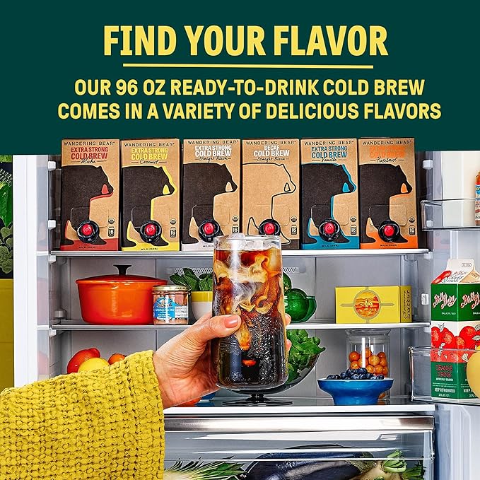 Wandering Bear Straight Black Organic Cold Brew Coffee On Tap, Iced Coffee Drink - Extra Strong, Smooth, No Sugar Added, Shelf-Stable, Ready to Drink, 100% Organic - 16 Servings of 6fl.oz - 96fl.oz