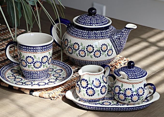 Blue Rose Polish Pottery - Yellow Peach Blossom Teapot - 5 Cup Capacity - Hand-Painted Polish Pottery Ceramic Coffee & Tea Server