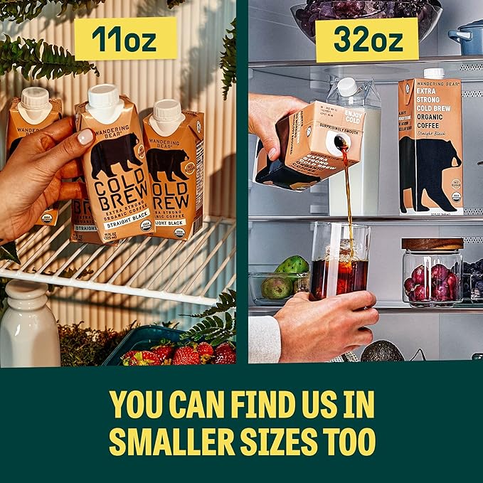 Wandering Bear Straight Black Organic Cold Brew Coffee On Tap, Iced Coffee Drink - Extra Strong, Smooth, No Sugar Added, Shelf-Stable, Ready to Drink, 100% Organic - 16 Servings of 6fl.oz - 96fl.oz