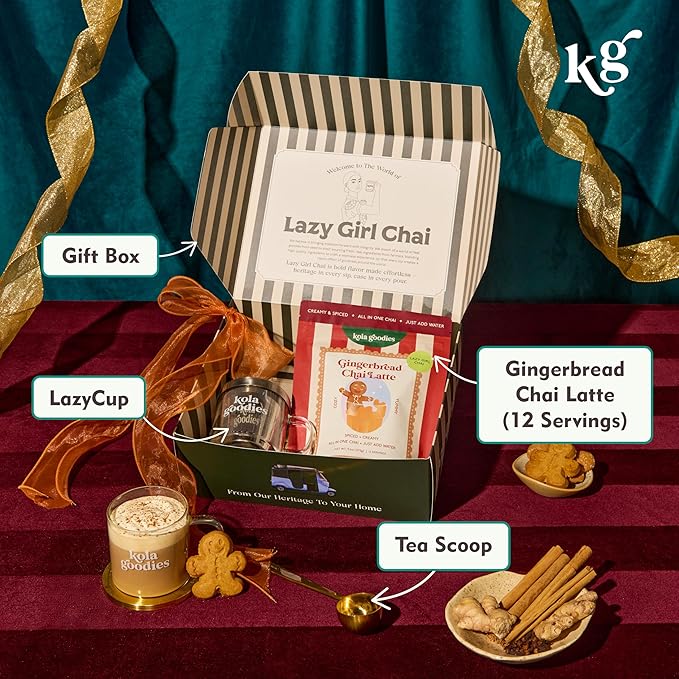 Gingerbread Chai Latte Gift Box with LazyCup Tumbler – 12 Spiced Chai Servings + Strainer Tea Mug – Ceylon Tea Powder with Whole Milk – Cozy Holiday Chai Kit – No Refined Sugar – Cinnamon Ginger Blend