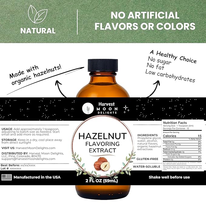 Hazelnut Extract for Baking, Drinks, Ice Cream, Candy - 2 oz - By Harvest Moon Delights - Hazelnut Flavoring, Flavor